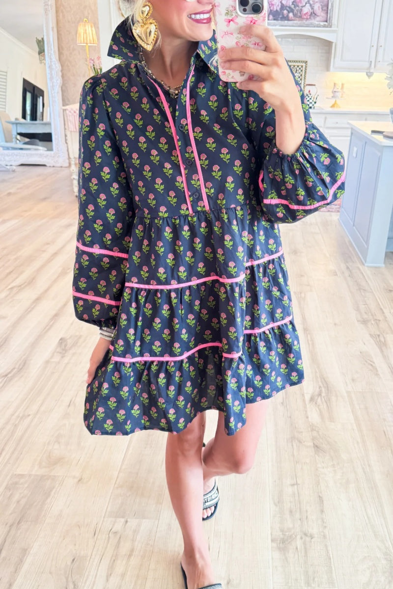 Black and Pink Flower Printed Long Sleeve Mini Dress