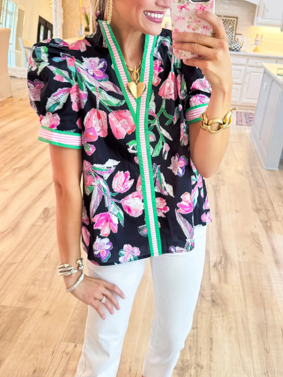 Black Floral Printed Puff Sleeve Top