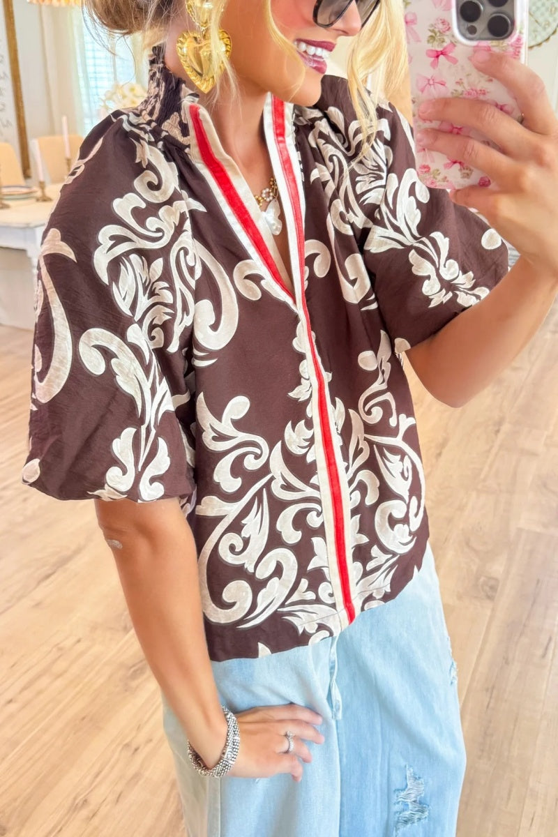 Brown Puff Sleeve Print Detail Top