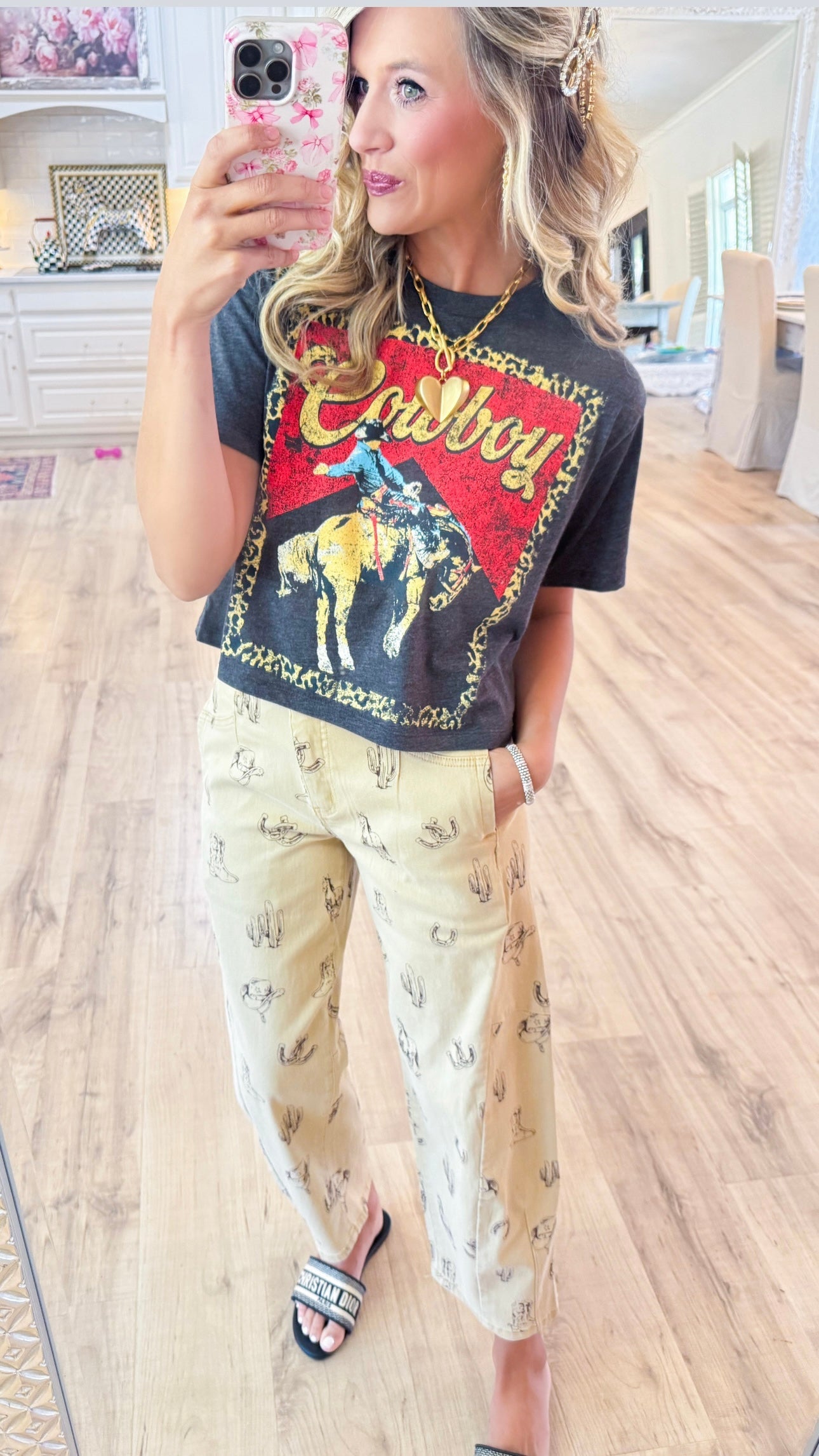 Khaki Cowboy Printed Barrel Jeans