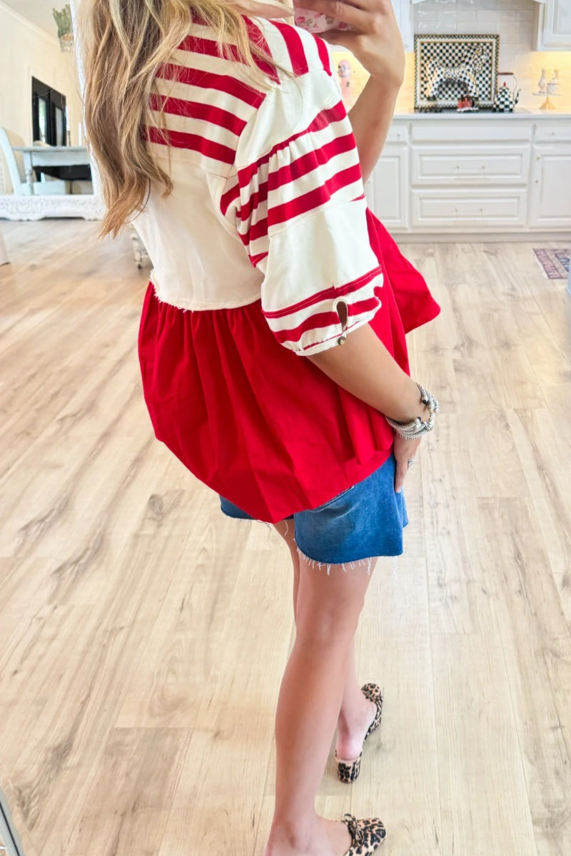 Red and Cream Stripe Short Puff Sleeve Top
