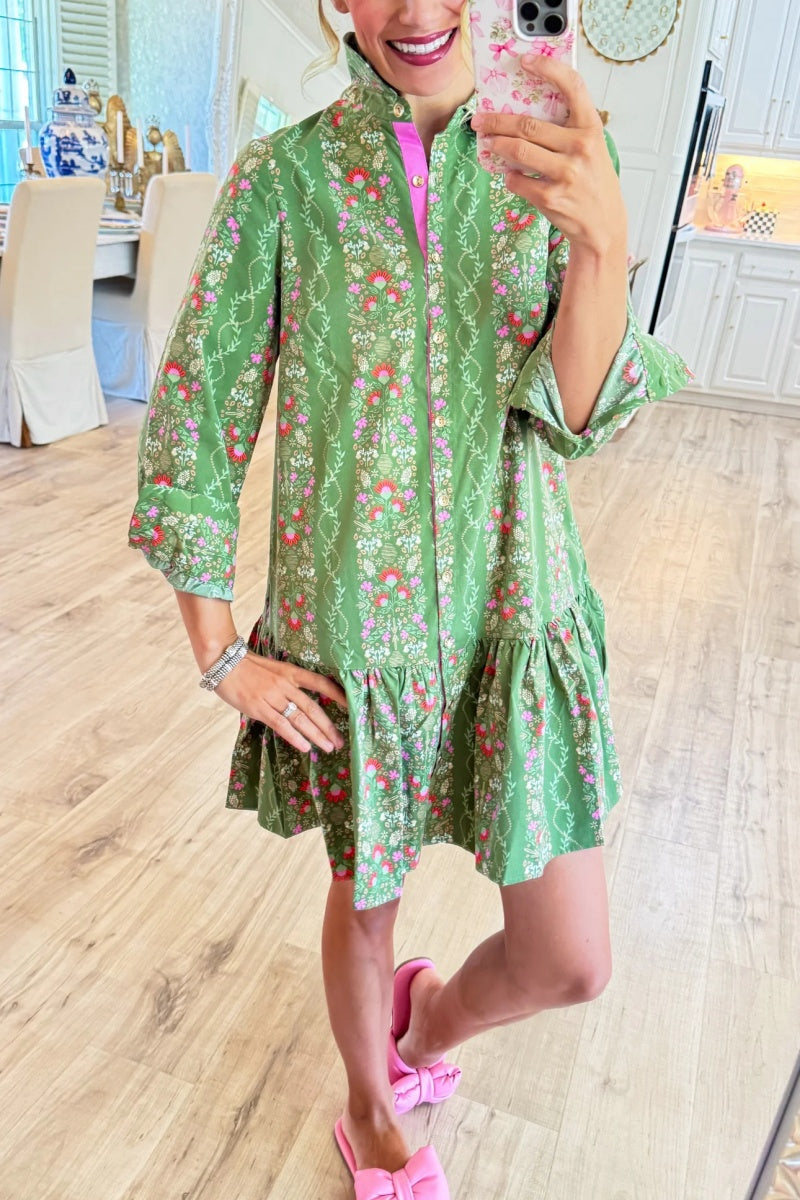 Green Floral Button Up Midi Dress