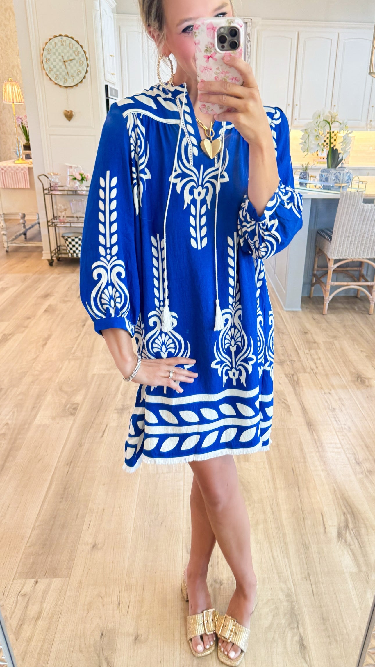 Blue Printed 3/4 Sleeve Dress