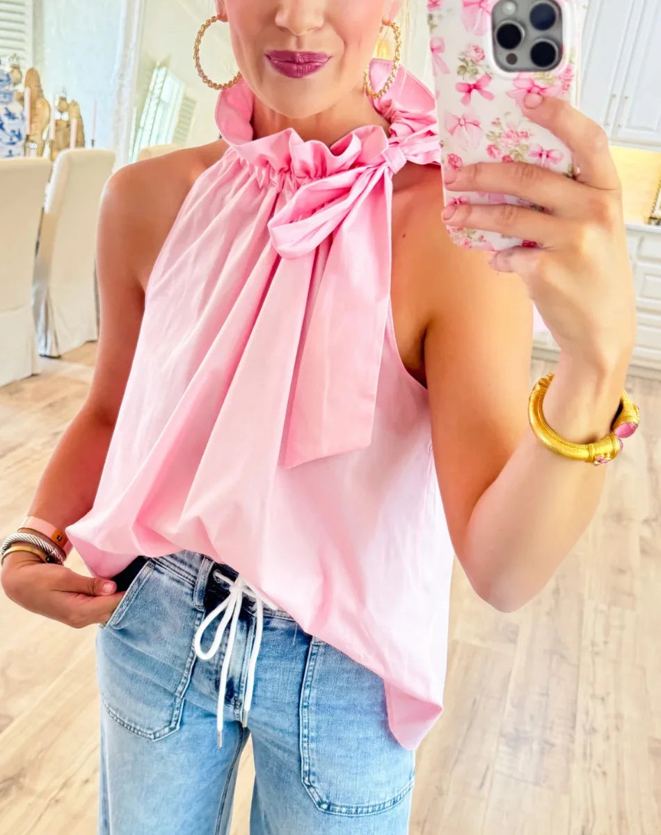 Ruffle Neck Tie Sleeveless Top