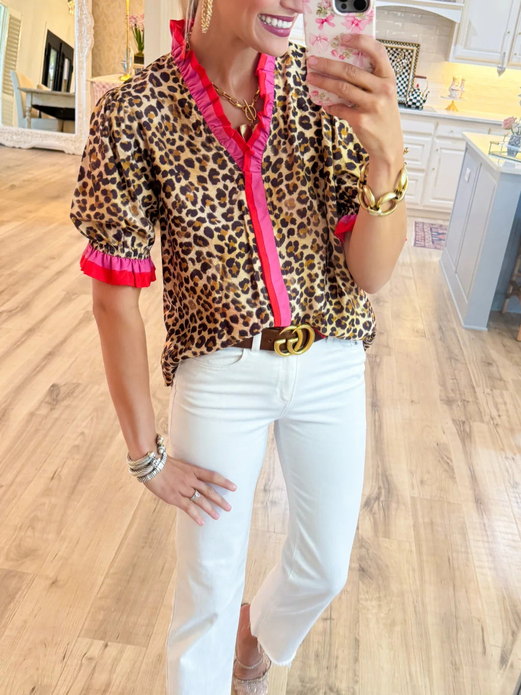 Leopard and Pink Contrast Trim Top