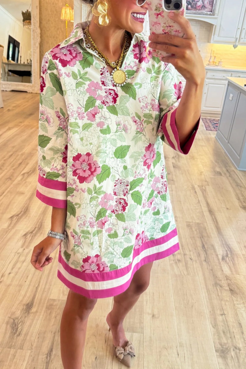 Cream and Pink Floral Collar Mini Dress