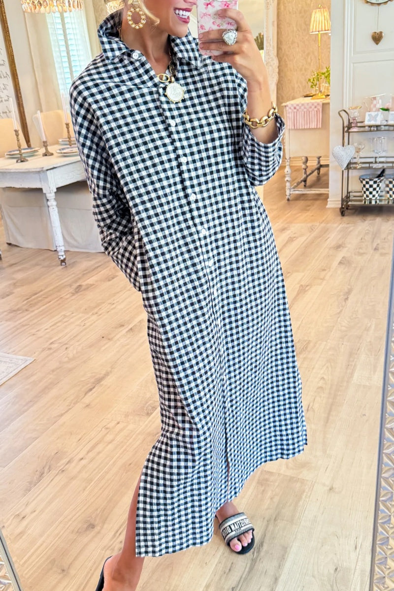 Black Seersucker Gingham Maxi Dress