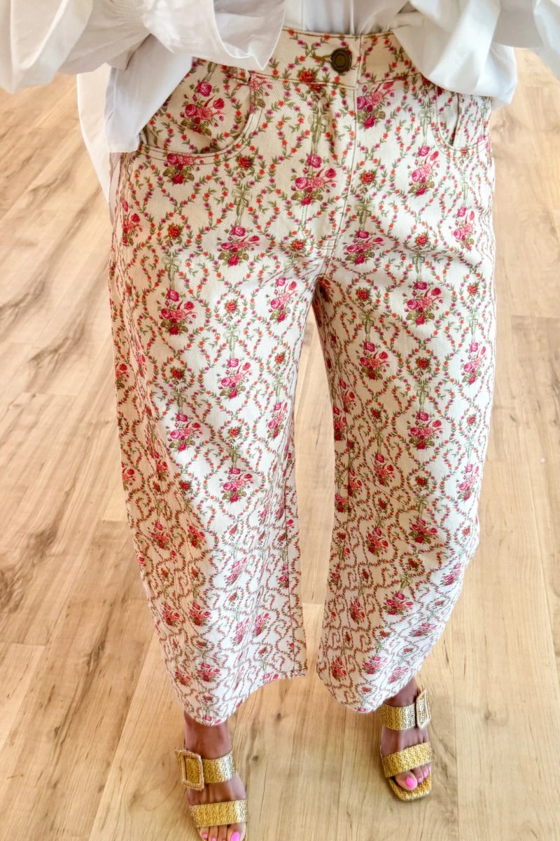 White Pearl Flower Button Down Top+Barrel Pants