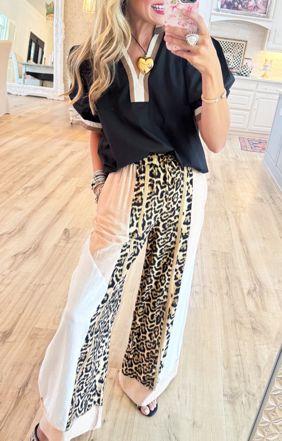 Leopard Color Block Print Wide Leg Pants