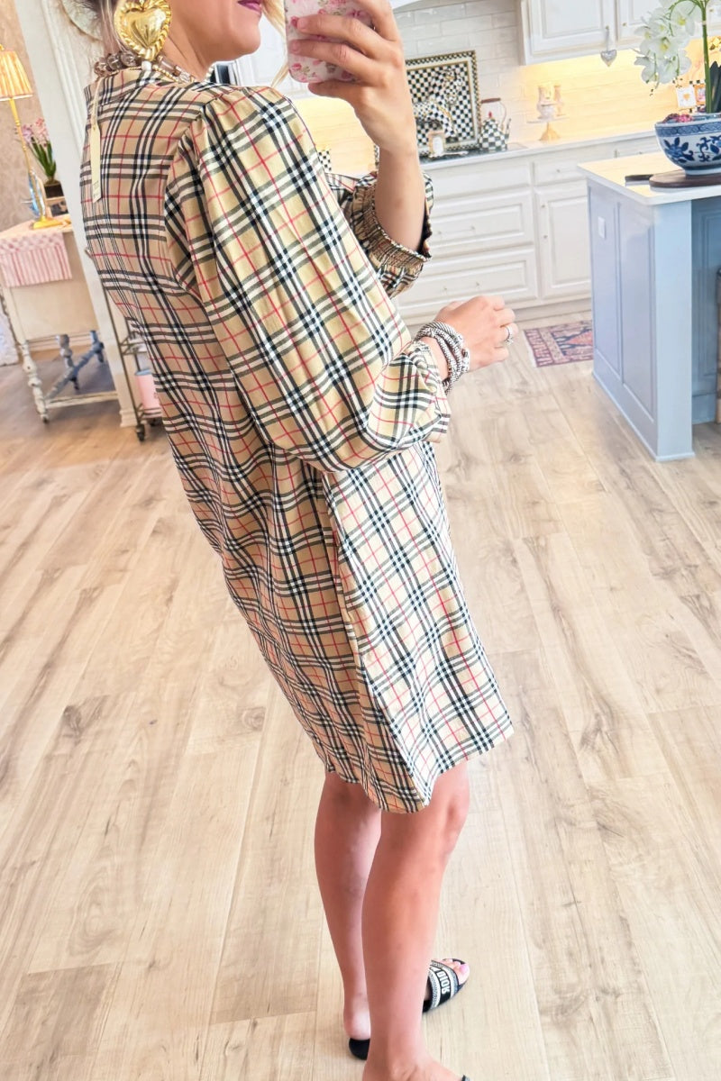 Taupe Mix Print Long Sleeve Mini Dress