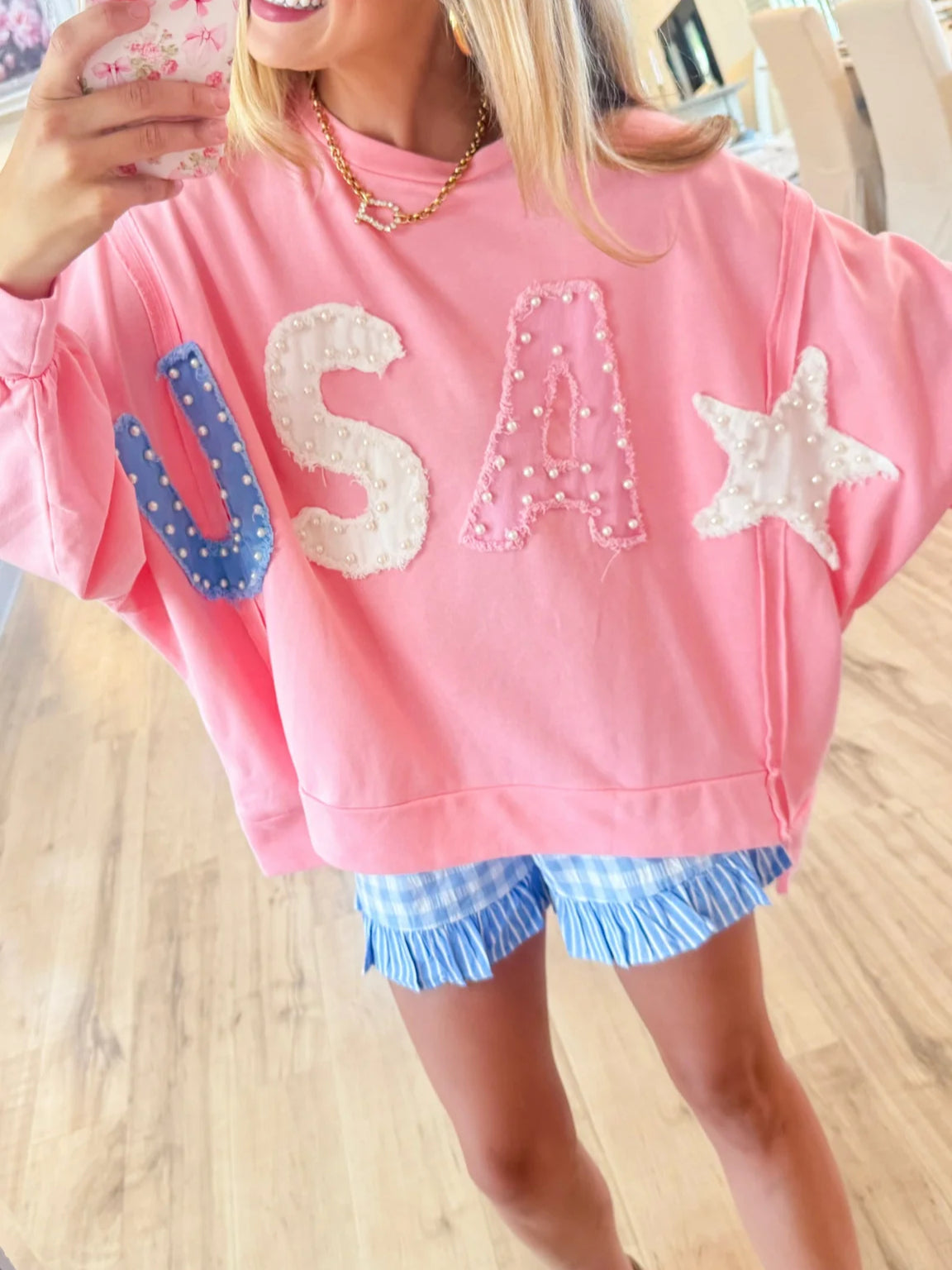 Pink USA Patch Pearl Pullover Top