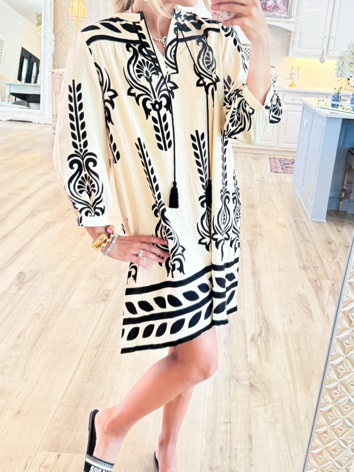 Ivory Printed 3/4 Sleeve Dress