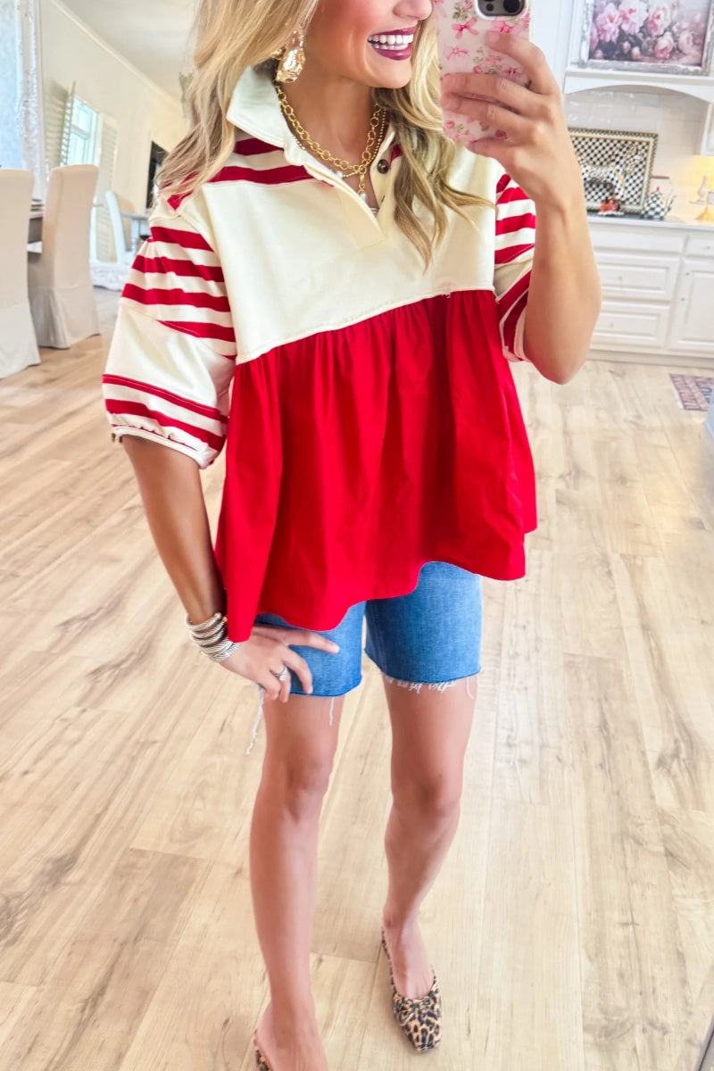 Red and Cream Stripe Short Puff Sleeve Top
