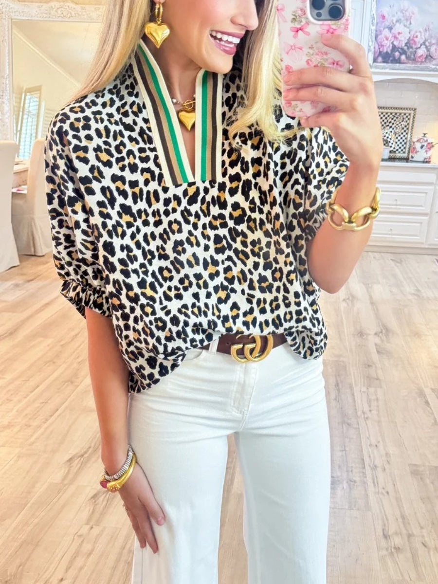 Camel Leopard Collard Blouse