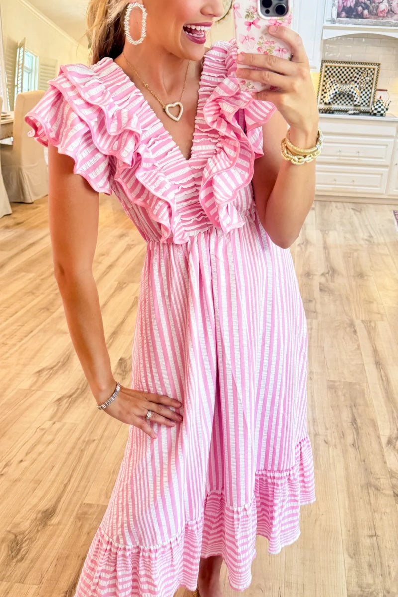 Pink Striped Ruffle Maxi Dress