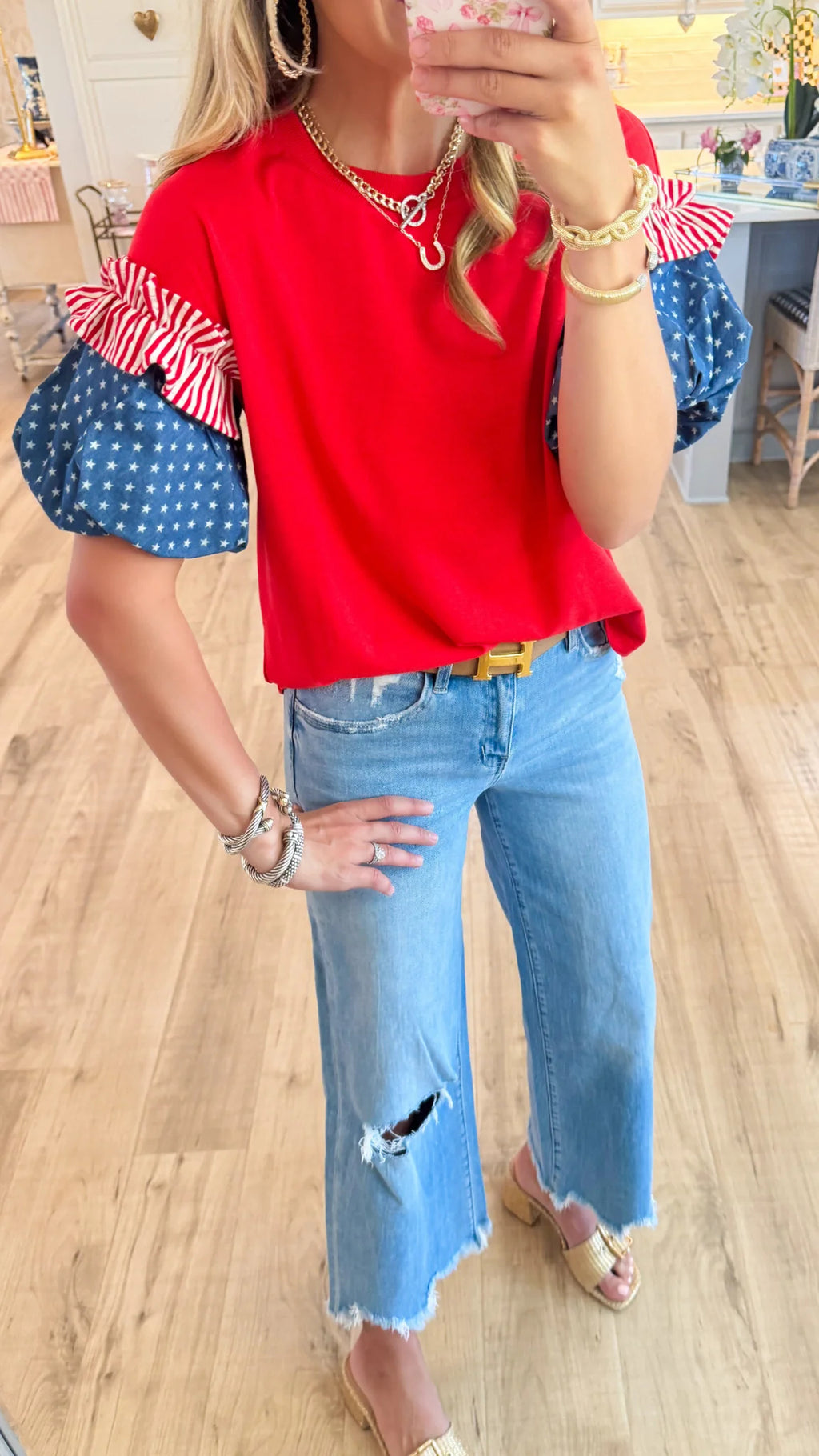 Red Accented Puff Sleeve Top