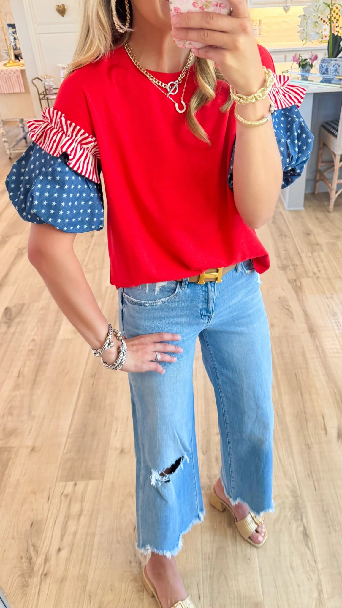 Red Accented Puff Sleeve Top