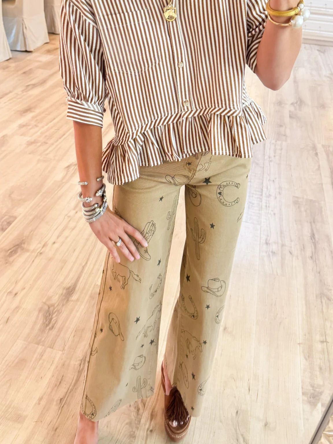 Latte Western Printed Wide Leg Pants
