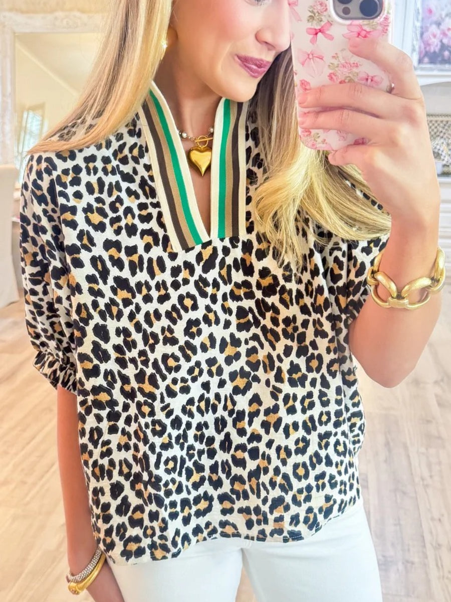 Camel Leopard Collard Blouse