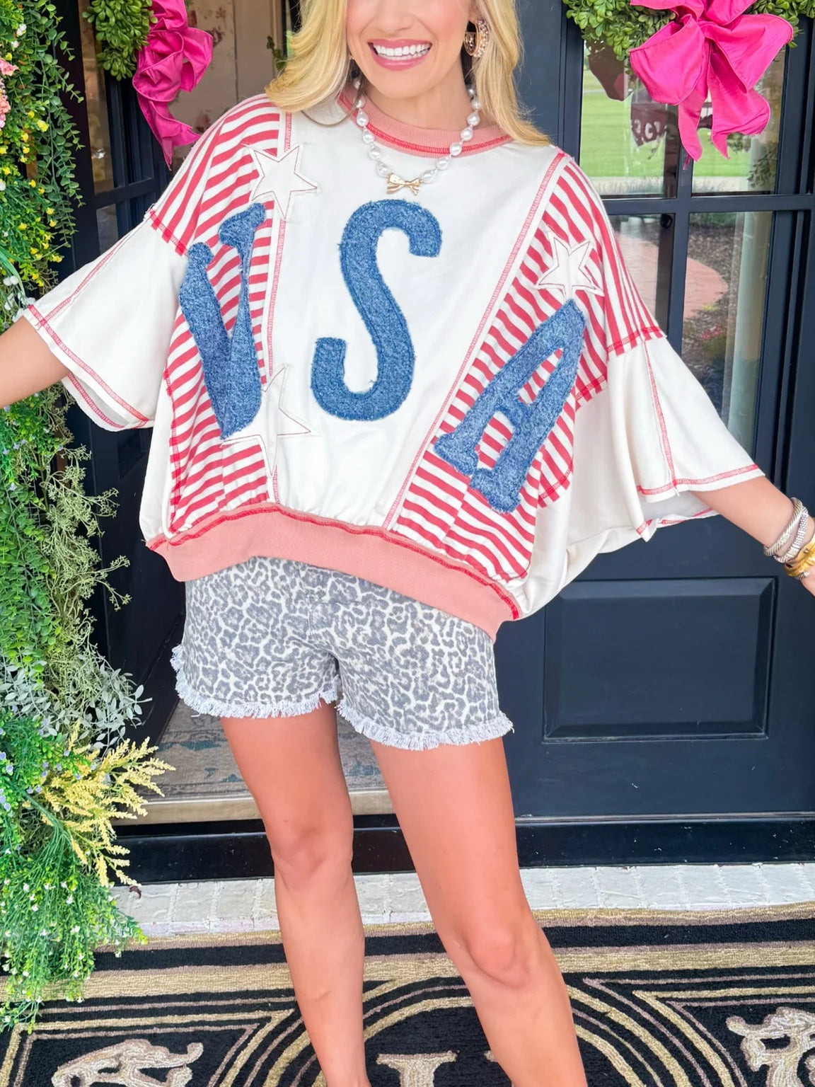 Oatmeal Red & Rose Washed Denim USA Patchwork Top