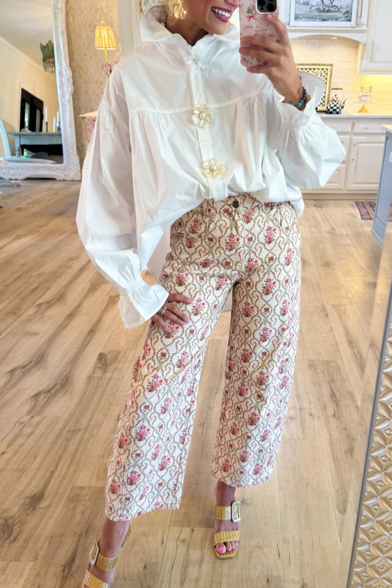 White Pearl Flower Button Down Top+Barrel Pants