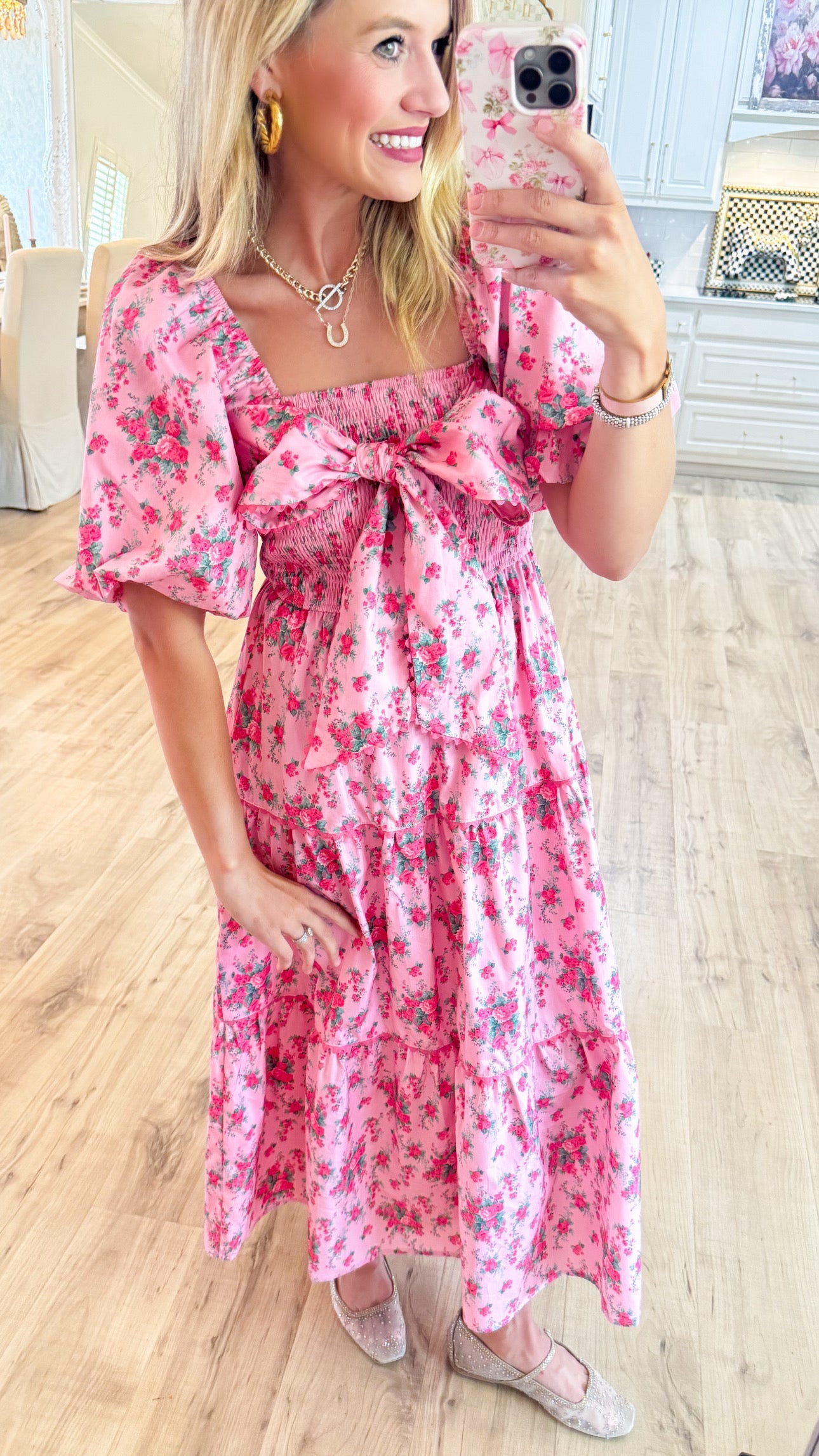 Pink Floral Printed Tiered Maxi Dress