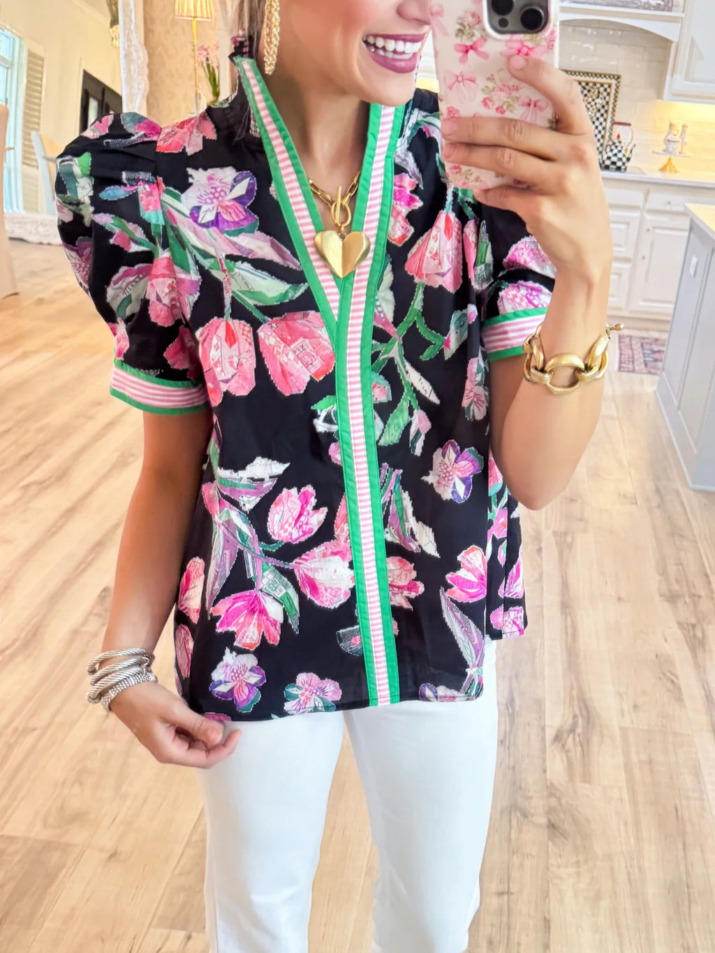 Black Floral Printed Puff Sleeve Top