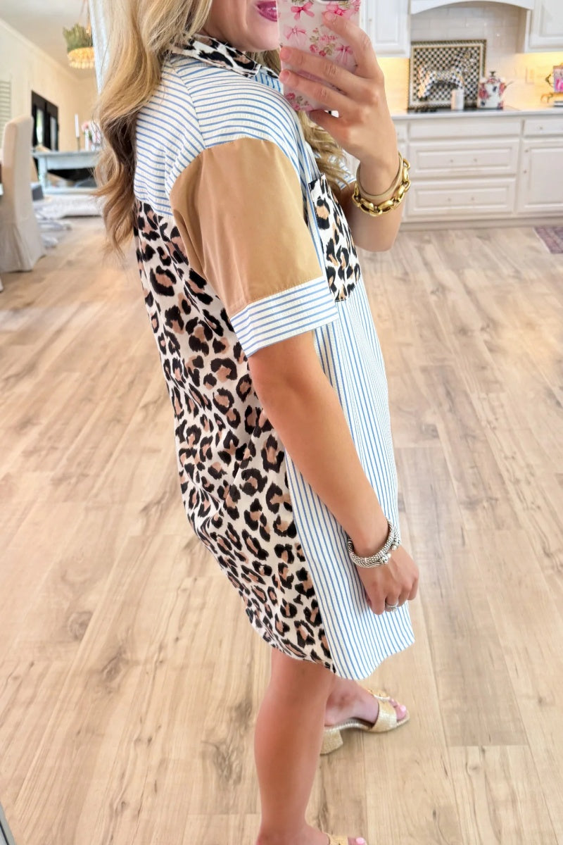 Blue Stripe Leopard Contrast Mini Dress