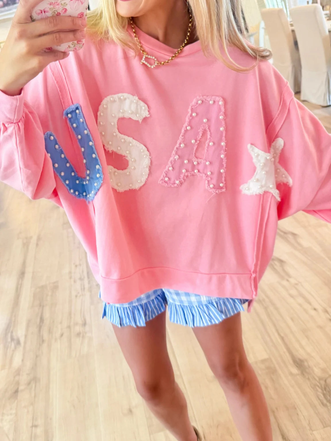Pink USA Patch Pearl Pullover Top