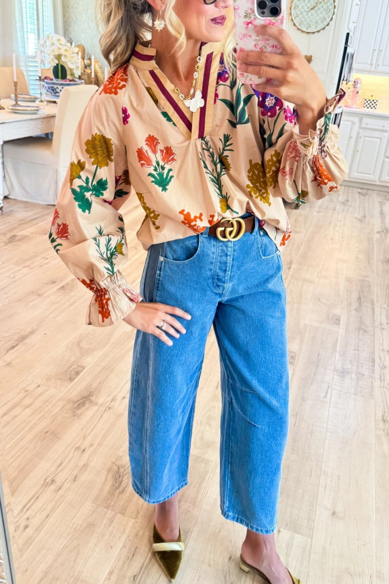 Tan Mix Floral V Neck Top