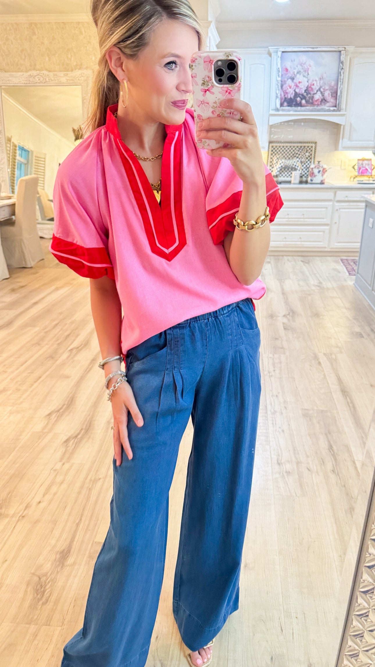 Pink and Red Contrast Puff Sleeve Top
