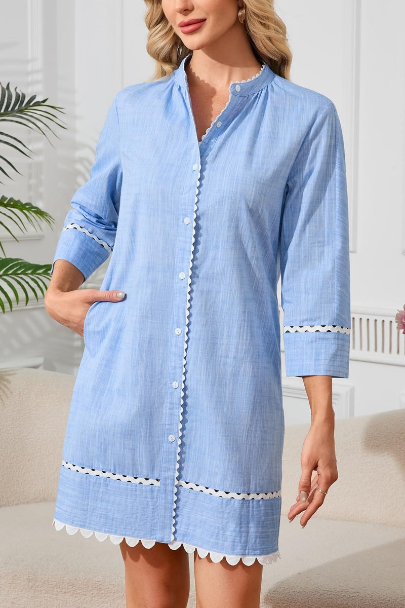 3/4 Sleeve Tie Casual Cotton and Linen Mini Dress