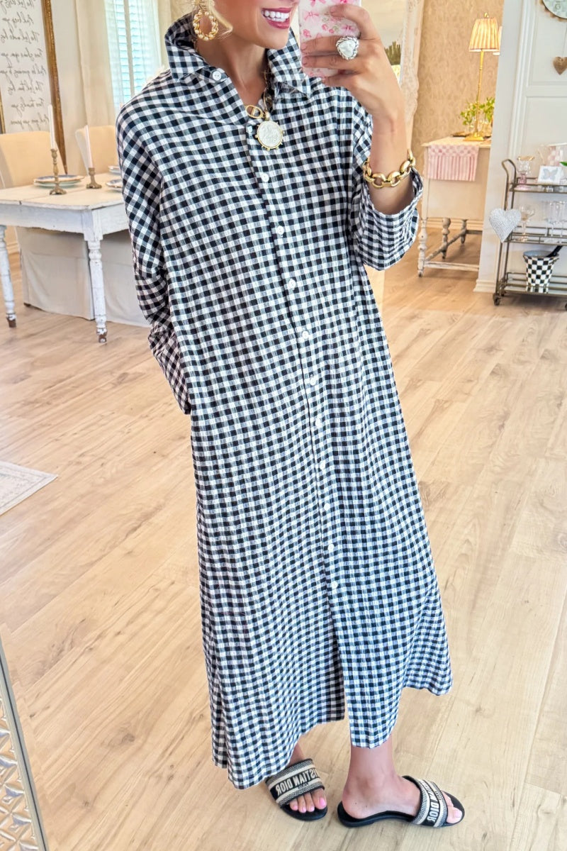 Black Seersucker Gingham Maxi Dress