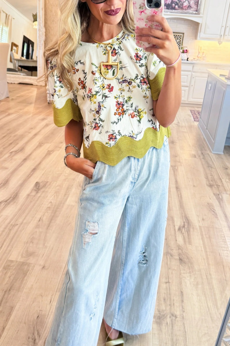 Ecru Floral Print Oversized Trim Top