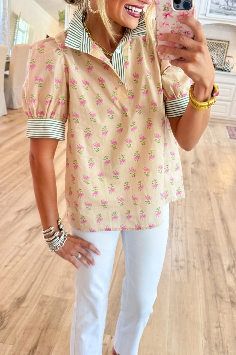 Ecru Floral Contrast Short Sleeve Top