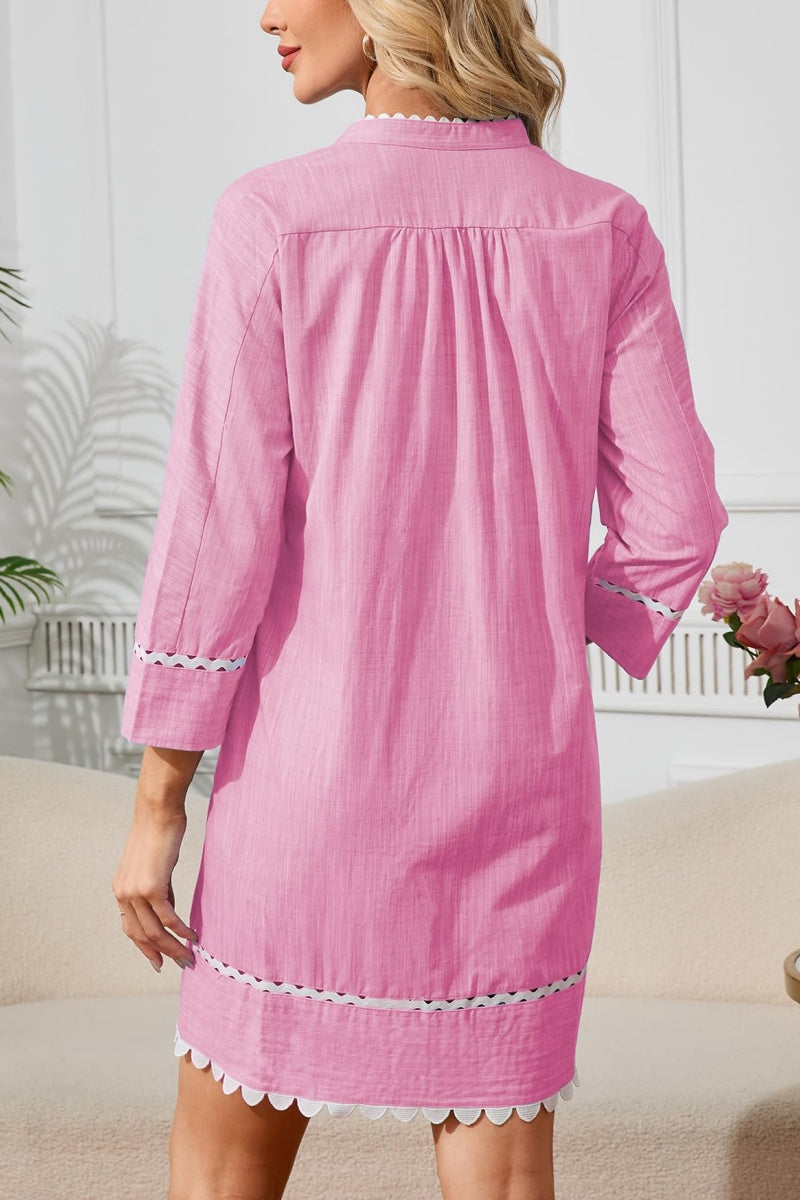 3/4 Sleeve Tie Casual Cotton and Linen Mini Dress