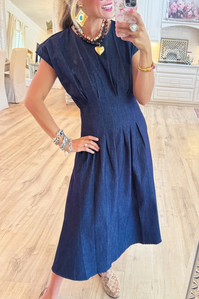 Denim Cap Sleeve Pleated Midi Dress