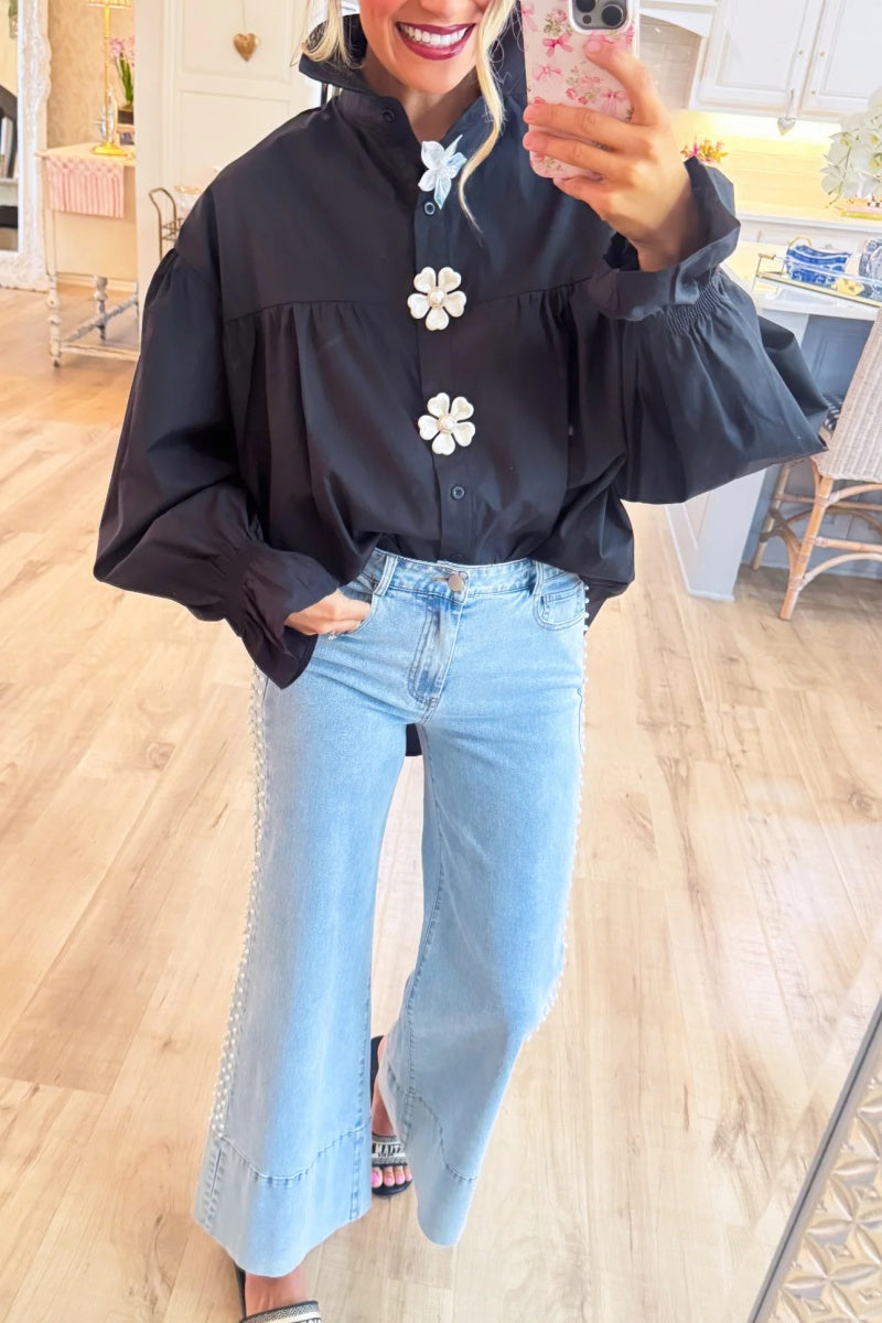 White Pearl Flower Button Down Top+Barrel Pants