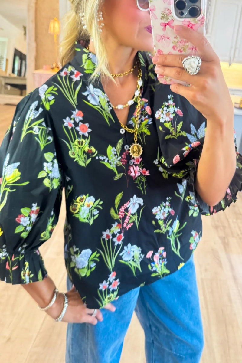 Black Botanical Print Blouse