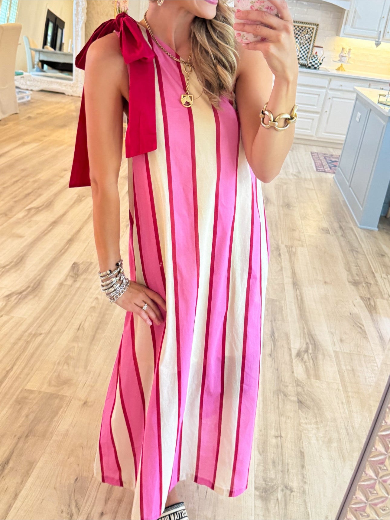 Cream and Pink Stripe Shoulder Tie Maxi Dress