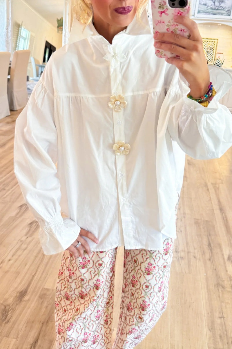 White Pearl Flower Button Down Top+Barrel Pants