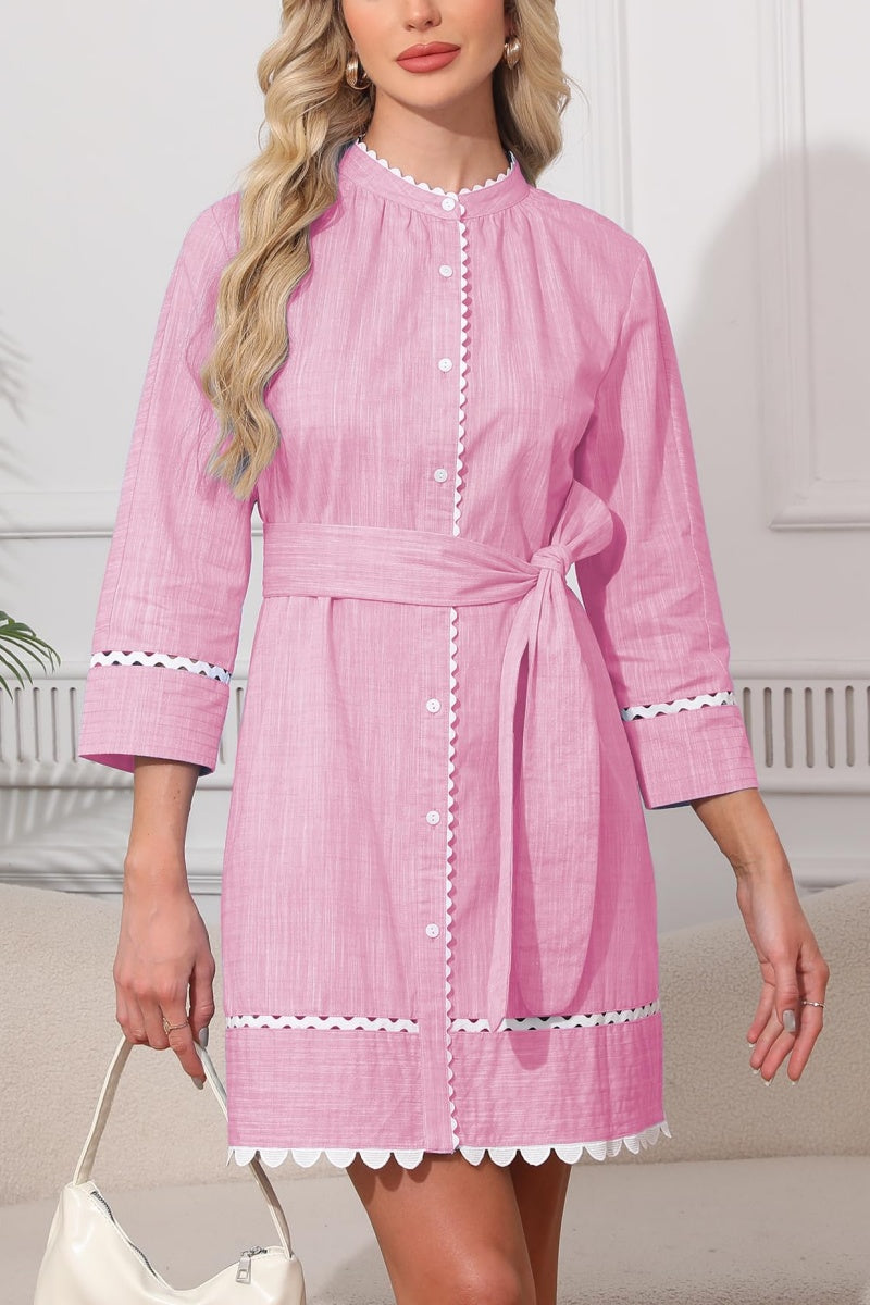 3/4 Sleeve Tie Casual Cotton and Linen Mini Dress