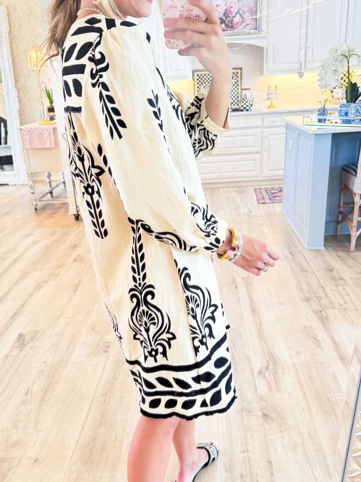 Ivory Printed 3/4 Sleeve Dress