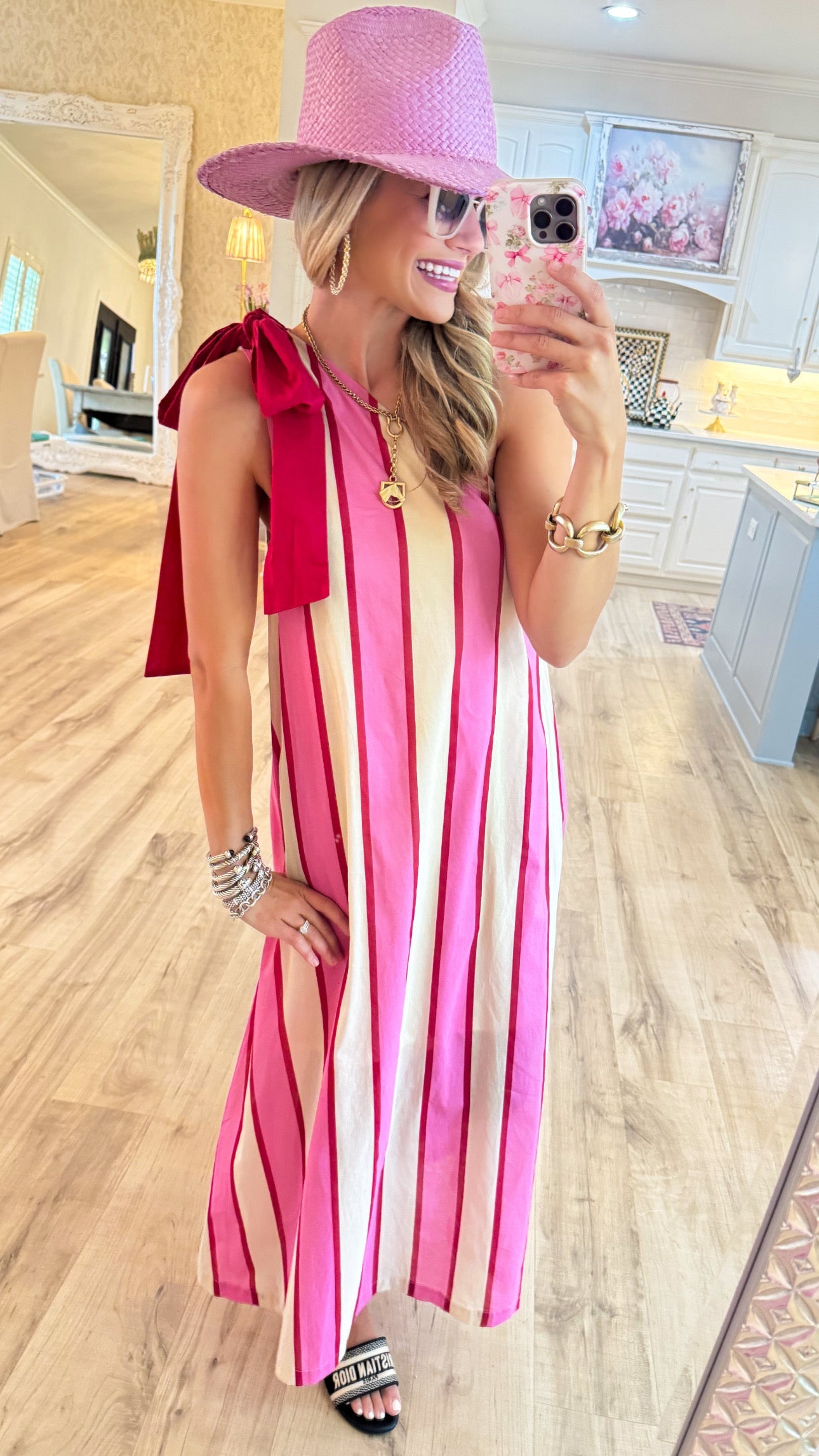 Cream and Pink Stripe Shoulder Tie Maxi Dress