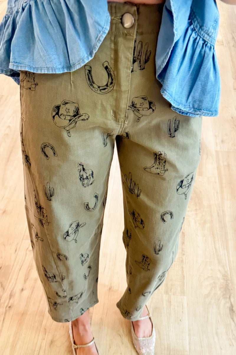 Khaki Cowboy Printed Barrel Jeans
