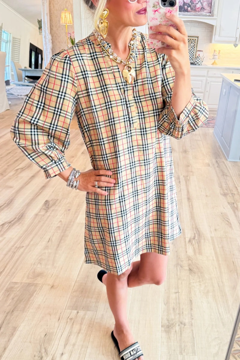 Taupe Mix Print Long Sleeve Mini Dress