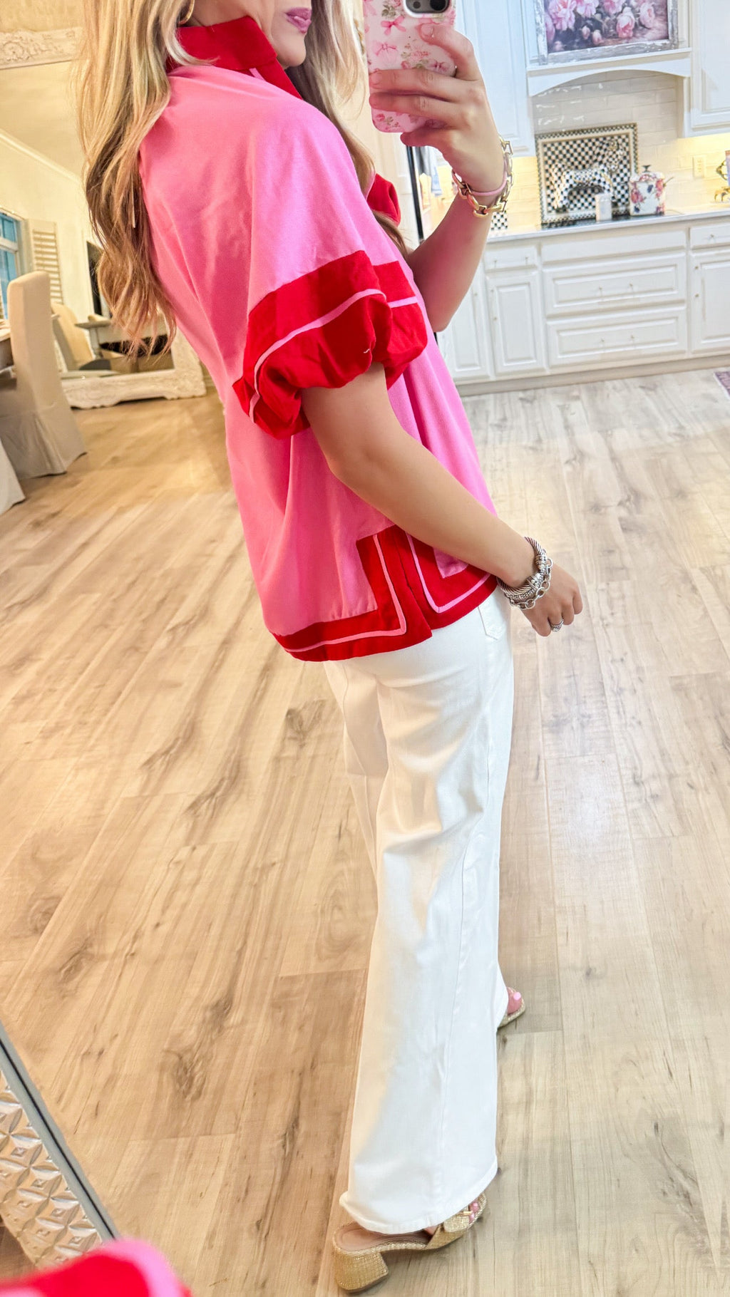 Pink and Red Contrast Puff Sleeve Top