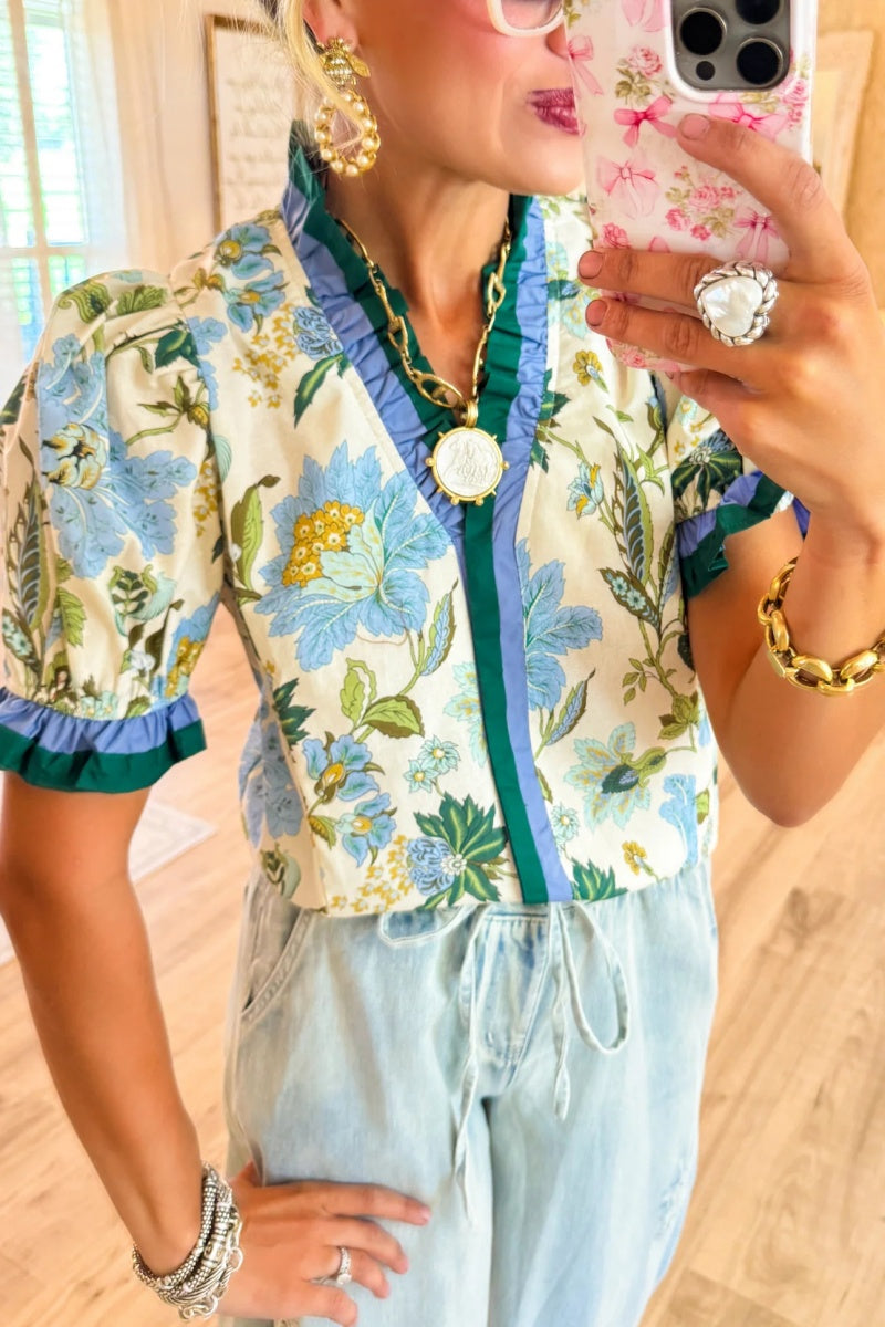 Ecru Floral Print Ruffle Puff Sleeve Top
