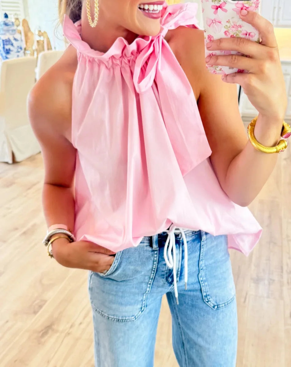 Ruffle Neck Tie Sleeveless Top