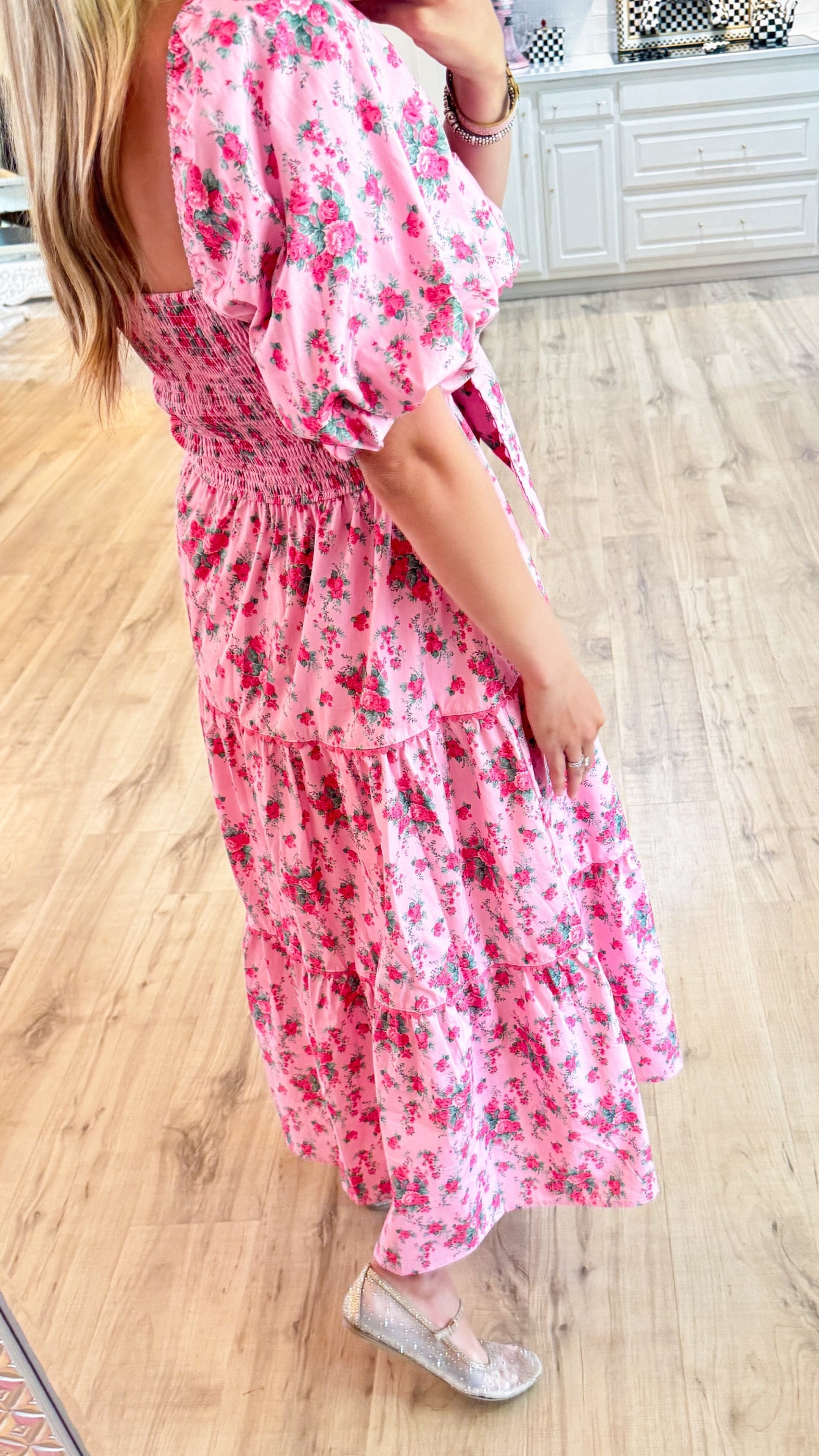 Pink Floral Printed Tiered Maxi Dress